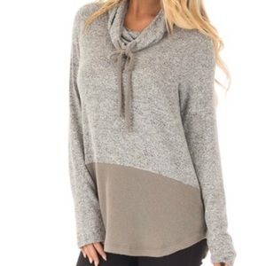 Staccato | Heather Grey Cowl Neck Two Tone Dusty Olive Color Block Top
